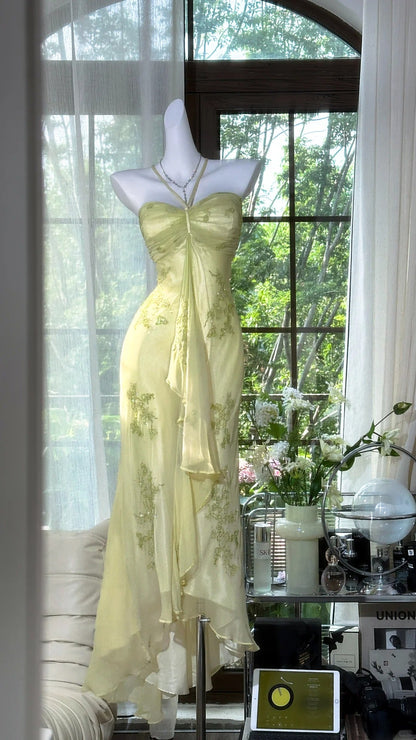 Vintage Halter Neck Sheath Chiffon Beaded Evening Dress Light Green Prom Dresses ED03464