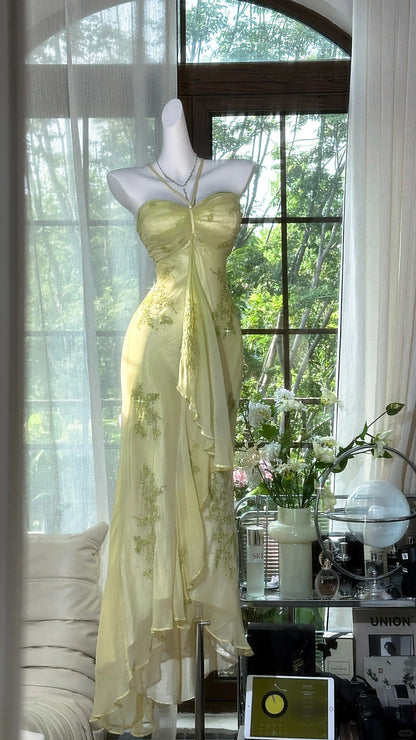 Vintage Halter Neck Sheath Chiffon Beaded Evening Dress Light Green Prom Dresses ED03464