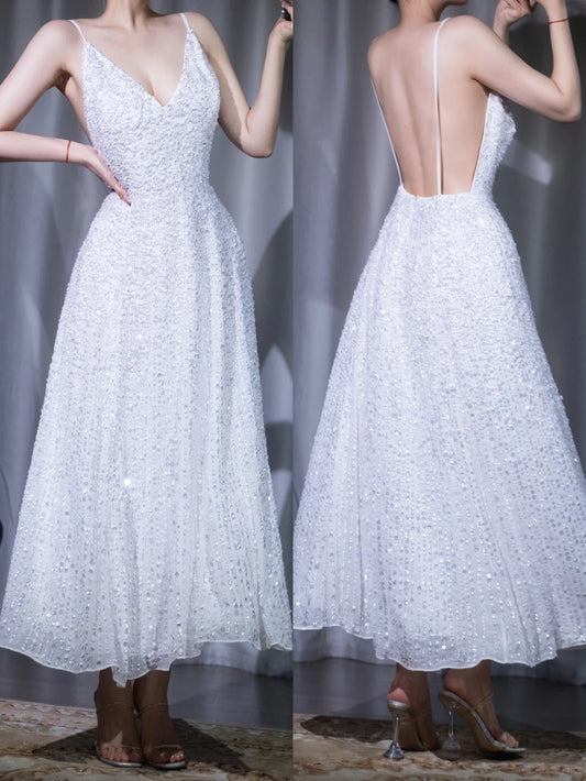 Vintage White V-neck A-Line Beaded Tulle Prom Dresses Elegant Backless Evening Dress ED03465