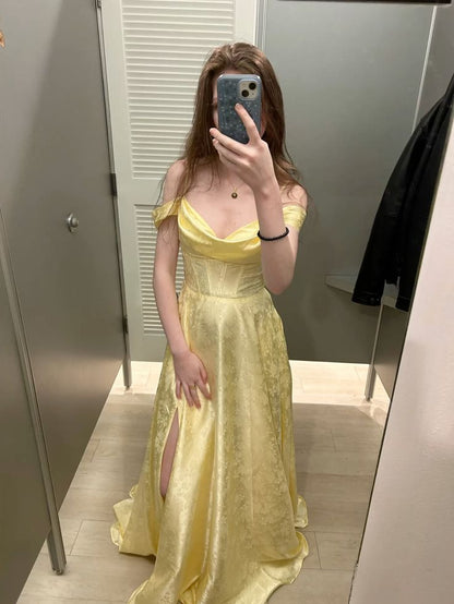 Chic Gold Off-shoulder A-Line Jacquard Satin Long Prom Dresses Sweet Graduation Evening Dresses ED03469