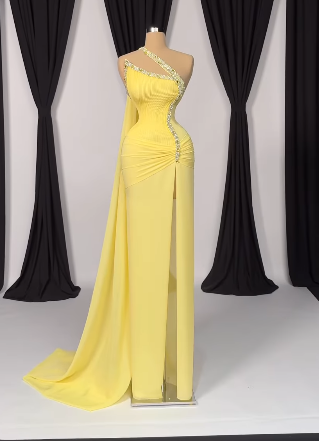 Fashion Yellow One Shoulder Sheath Chiffon Sparkly Beaded Slit Evening Gowns ED03471