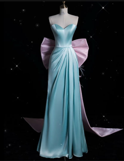 Sweet Blue Sweetheart Neck Sheath Satin Long Birthday Gowns with Bow ED03472