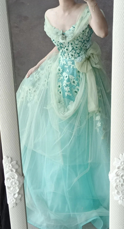 Vintage Tiffany Blue A-Line Tulle Off-the-shoulder Applique Quinceañera Dress Graduation Prom Dresses ED03474