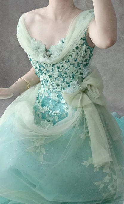 Vintage Tiffany Blue A-Line Tulle Off-the-shoulder Applique Quinceañera Dress Graduation Prom Dresses ED03474