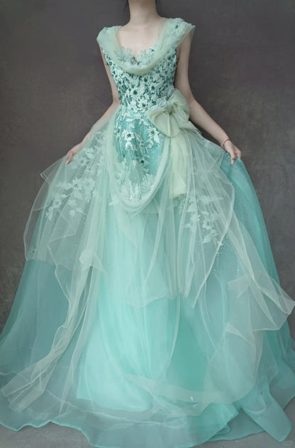 Vintage Tiffany Blue A-Line Tulle Off-the-shoulder Applique Quinceañera Dress Graduation Prom Dresses ED03474