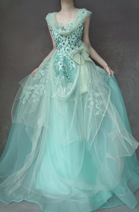 Vintage Tiffany Blue A-Line Tulle Off-the-shoulder Applique Quinceañera Dress Graduation Prom Dresses ED03474