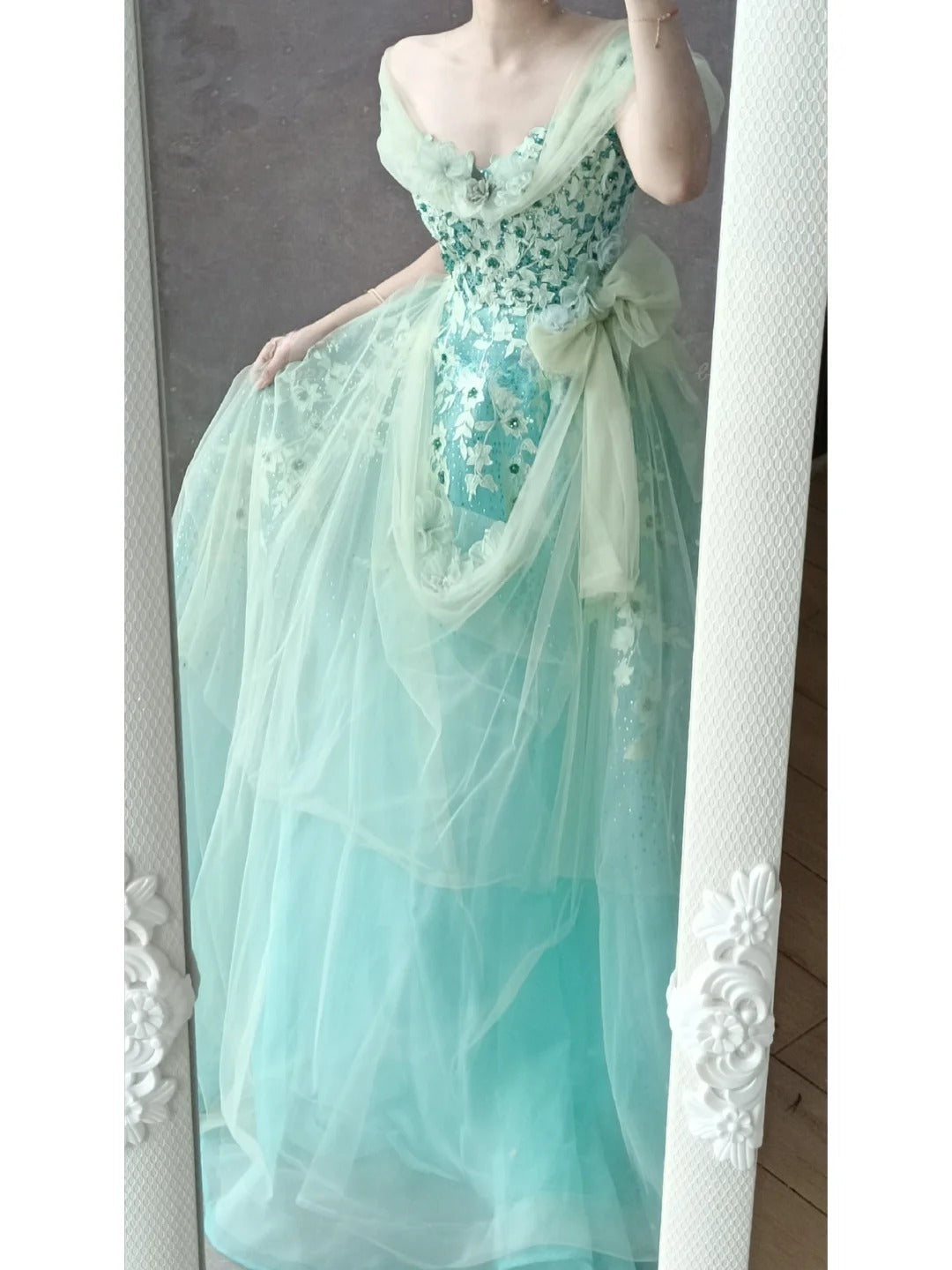 Vintage Tiffany Blue A-Line Tulle Off-the-shoulder Applique Quinceañera Dress Graduation Prom Dresses ED03474