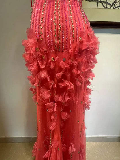 Gorgeous Hot Pink Spaghetti Strap Mermaid Tulle Beaded Long Prom Dress Vintage Evening Dress ED03475