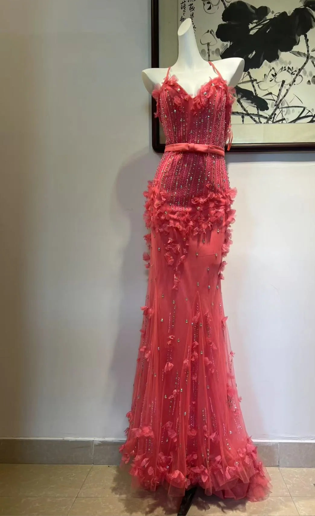 Gorgeous Hot Pink Spaghetti Strap Mermaid Tulle Beaded Long Prom Dress Vintage Evening Dress ED03475