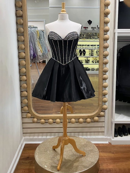 Elegant Black A-Line Sweetheart Neck Beaded Satin Short Homecoming Dress ED03477
