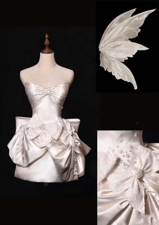 Glamour White Strapless A-Line Satin Bow Short Homecoming Dress Birthday Dress ED03478