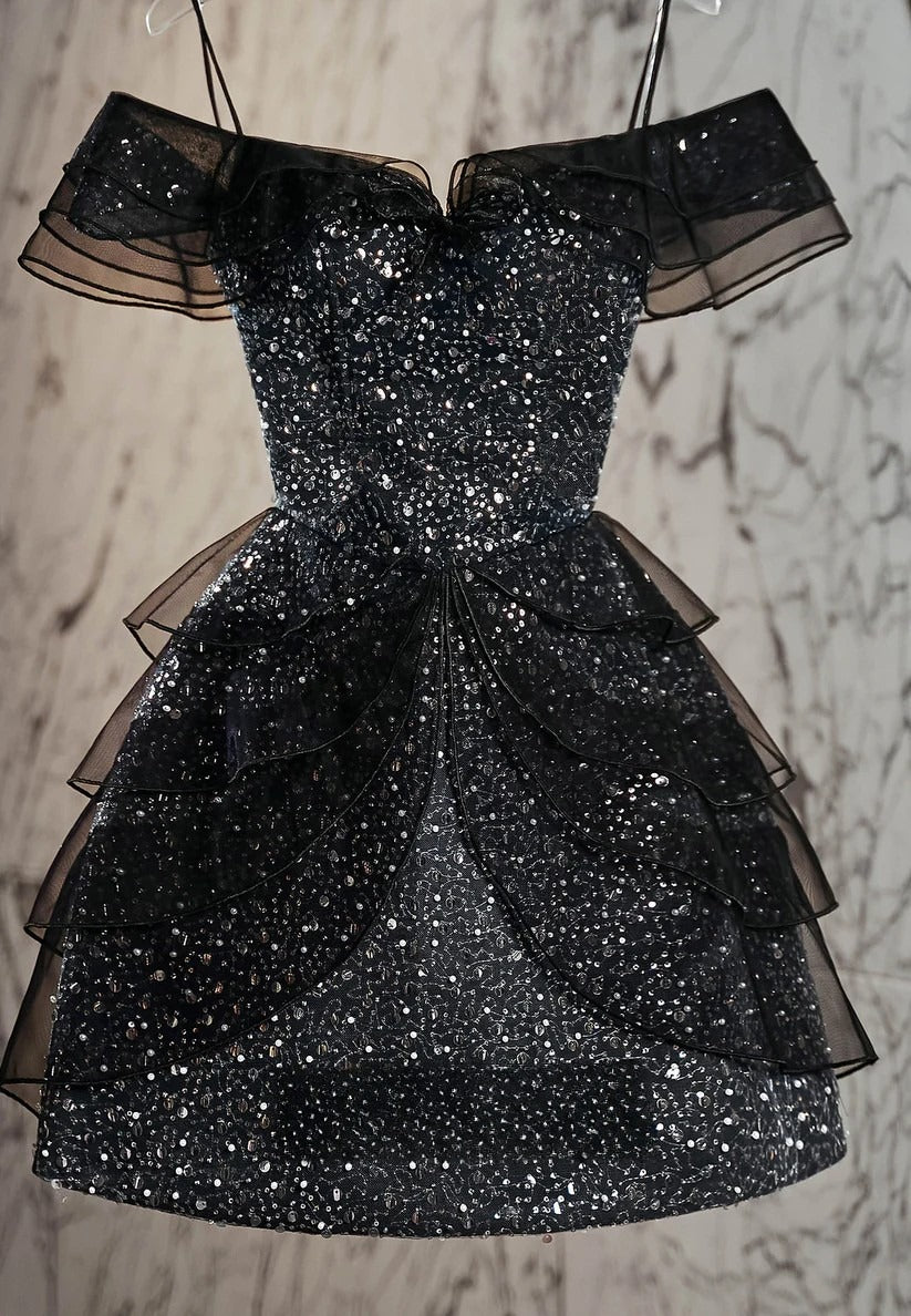 Elegant Off Shoulder A-Line Tulle Sequin Short Birthday Dresses Black Homecoming Dress ED03486