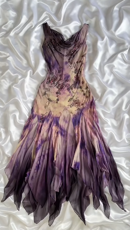 Vintage Swing Neck Sheath Printed Chiffon Prom Dresses Elegant Evening Dresses ED03488