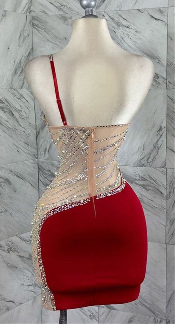 Sexy Red Bodycon Satin Beaded Short Birthday Dress Fashion One Shoulder Homecoming Dress ED03489