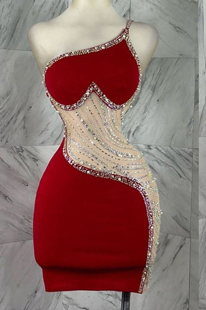 Sexy Red Bodycon Satin Beaded Short Birthday Dress Fashion One Shoulder Homecoming Dress ED03489