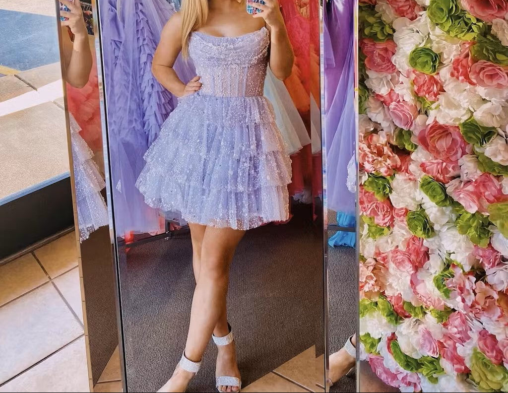 Fairytale Strapless Purple A-Line Layered Tulle Beaded Short Homecoming Dress ED03494