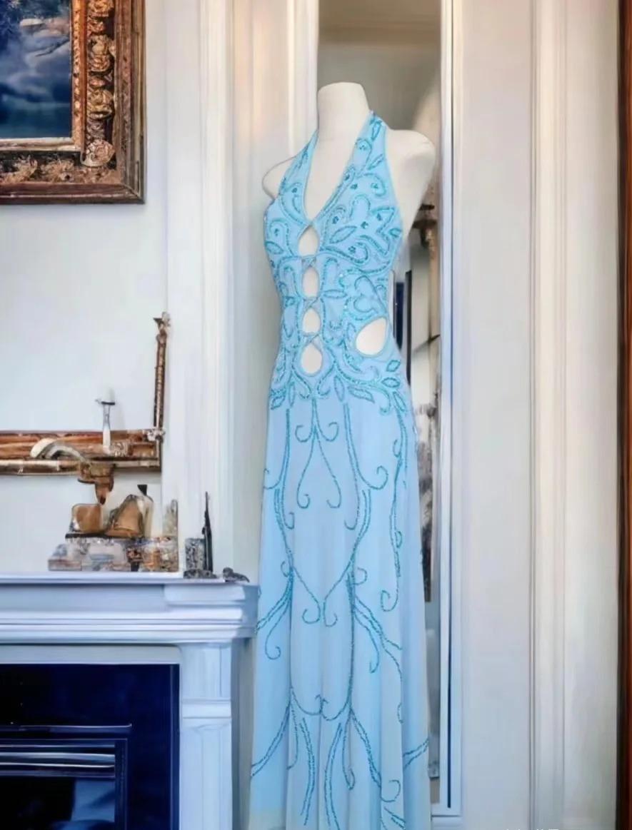 Elegant Blue Halter Neck Sheath Chiffon Beaded Backless Long Prom Dresses Formal Evening Dresses ED03496