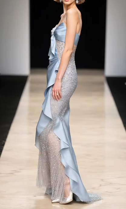 Chic Blue Sheath Tulle Satin Long Prom Dresses Spaghetti Strap Evening Gowns with Beading ED03498