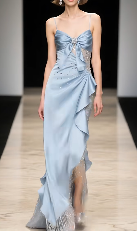 Chic Blue Sheath Tulle Satin Long Prom Dresses Spaghetti Strap Evening Gowns with Beading ED03498