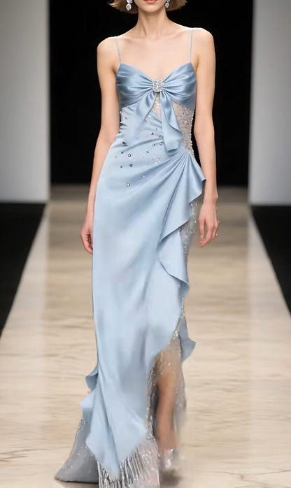 Chic Blue Sheath Tulle Satin Long Prom Dresses Spaghetti Strap Evening Gowns with Beading ED03498