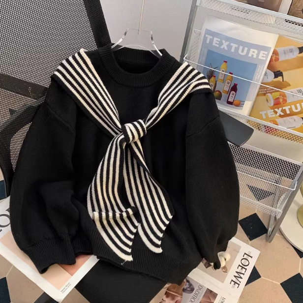 Striped Shawl Japanese Retro Red Knitted Sweater ED0349