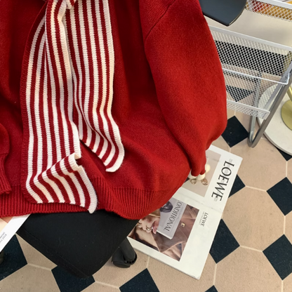 Striped Shawl Japanese Retro Red Knitted Sweater ED0349