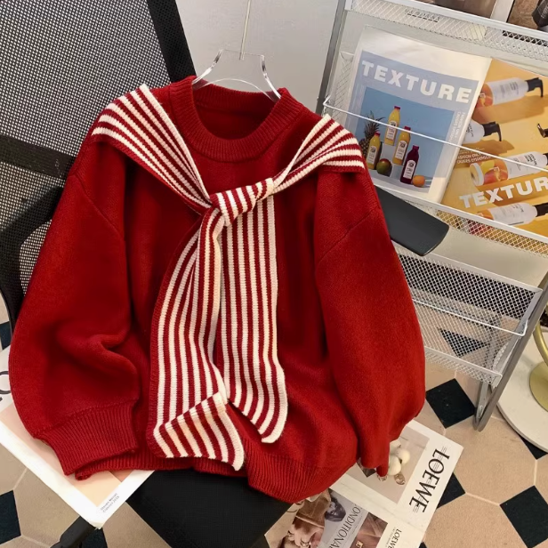 Striped Shawl Japanese Retro Red Knitted Sweater ED0349