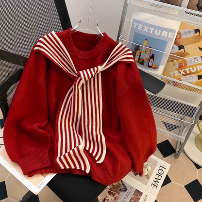 Striped Shawl Japanese Retro Red Knitted Sweater ED0349