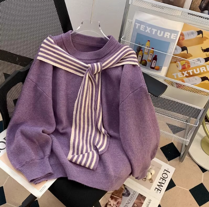 Striped Shawl Japanese Retro Red Knitted Sweater ED0349