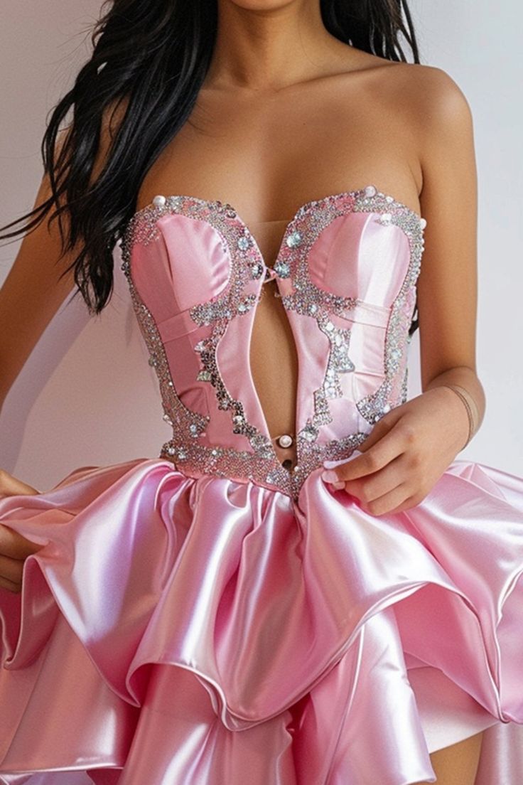 Gorgeous Pink Sweetheart Neck A-Line Satin Beaded Short Homecoming Dress ED03504