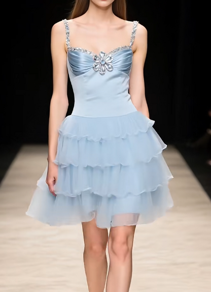 Sweet Gray Blue A-Line Spaghetti Strap Satin Tulle Short Homecoming Dress ED03506