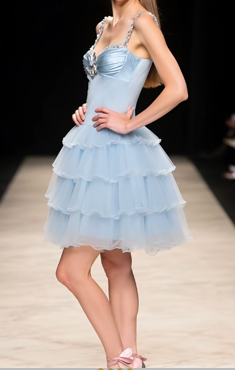 Sweet Gray Blue A-Line Spaghetti Strap Satin Tulle Short Homecoming Dress ED03506