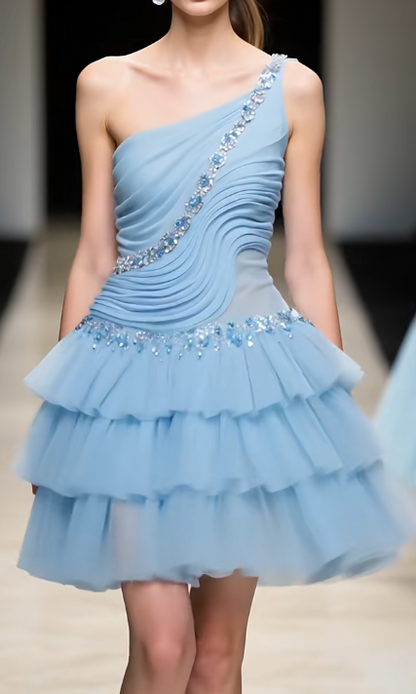 Elegant Gray Blue A-Line One Shoulder Satin Tulle Rhinestone Short Homecoming Dresses ED03507