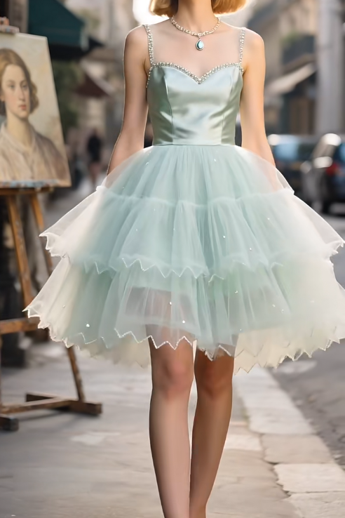 Fairytale Spaghetti Strap A-Line Mint Green Tulle Short Homecoming Dresses ED03508