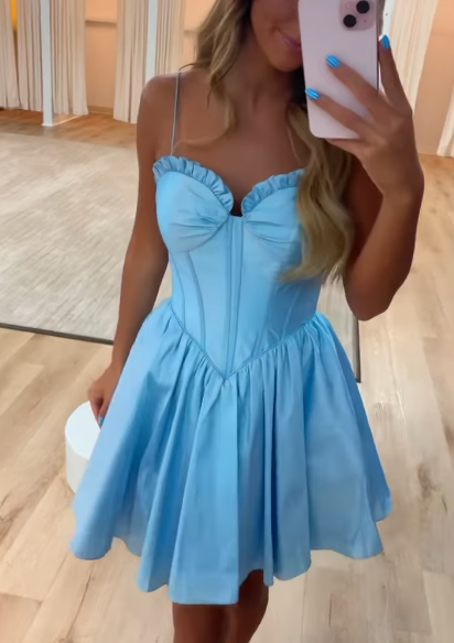 Sweet A-Line Blue Spaghetti Strap Birthday Outfit Short Homecoming Dresses ED03511