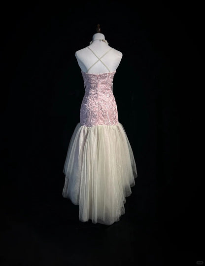 Vintage Pink Strapless Sheath Tulle Embroidery Short Evening Dress ED03521
