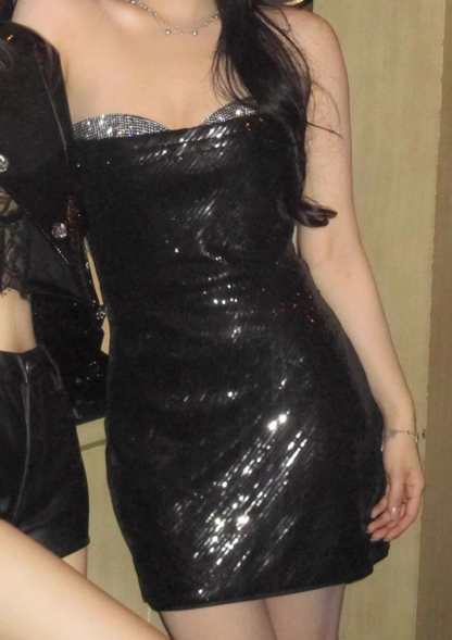 Black Sheath Strapless Sequined Sparkly Short Homecoming Dress Party Dress ED03522