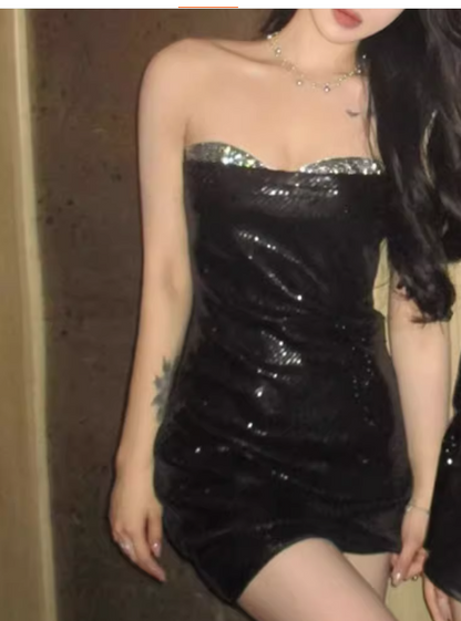Black Sheath Strapless Sequined Sparkly Short Homecoming Dress Party Dress ED03522