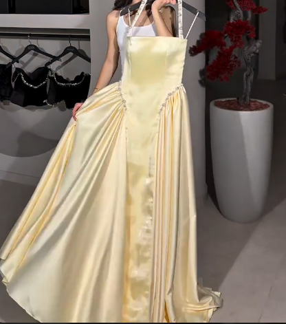Gorgeous  A-Line Halter Butter Yellow Satin Long Prom Dresses Birthday Party Outfits ED03530