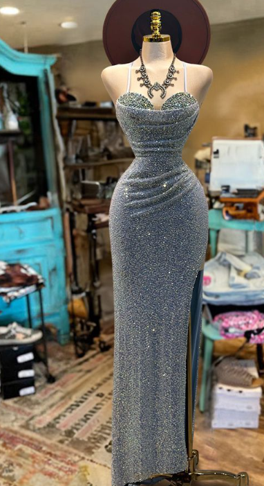 Sexy Sweetheart Neck Sheath Sequin Evening Gowns Slit Long Prom Dresses ED03531