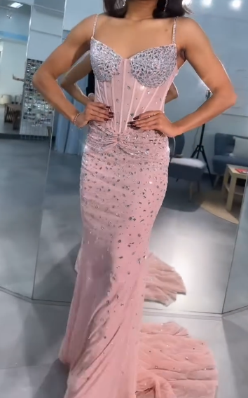 Elegant Pink Spaghetti Strap Sheath Tulle Long Prom Dresses Sparkly Rhinestone Formal Dresses ED03532