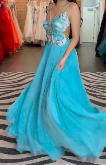 Blue Spaghetti Straps A-Line Beaded Chiffon Formal Dresses Elegant Backless Prom Dresses ED03535