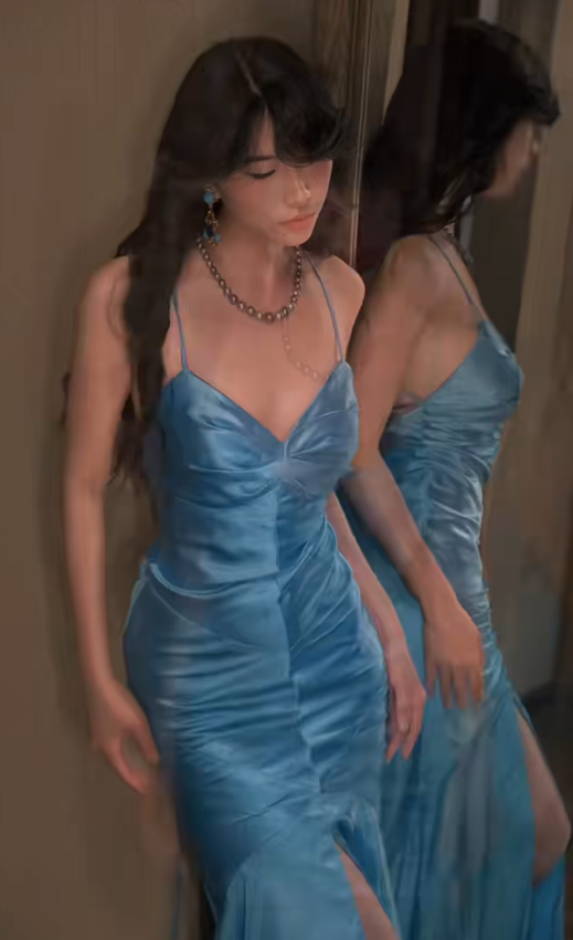 Blue Mermaid Long Elegant Prom Dresses Spaghetti Strap Satin Formal Dresses ED03536