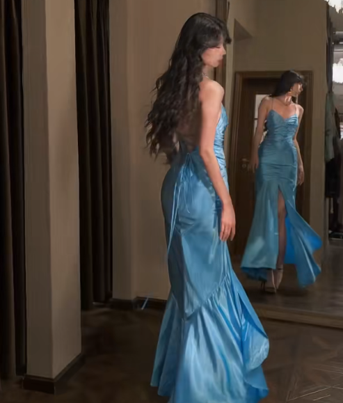 Blue Mermaid Long Elegant Prom Dresses Spaghetti Strap Satin Formal Dresses ED03536