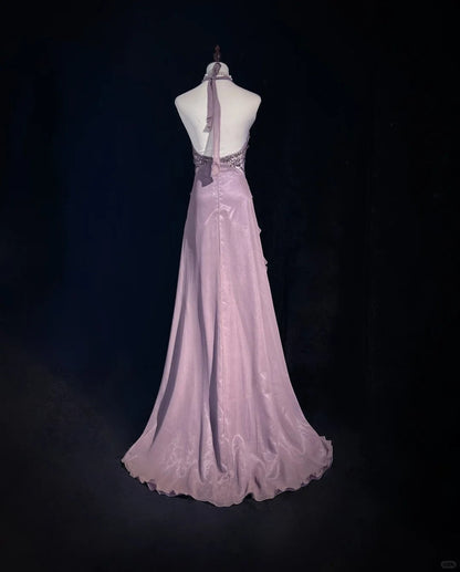 Gorgeous V-neck A-Line Chiffon Tulle Long Prom Dresses Gray Purple Vintage Evening Gowns ED03537