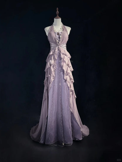 Gorgeous V-neck A-Line Chiffon Tulle Long Prom Dresses Gray Purple Vintage Evening Gowns ED03537