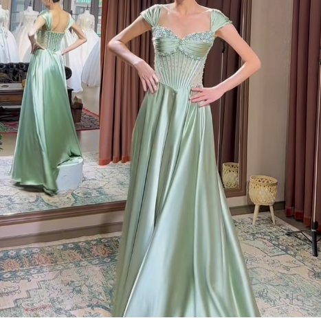 Green A-Line Sweetheart Satin Long Stunnig Prom Dresses Elegant Formal Dresses ED03538