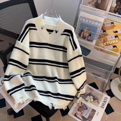 Korean style V-neck ripped striped sweater ED0353