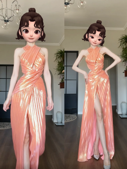 Gorgeous Orange Sheath Halter Birthday Prom Dresses Slit Long Formal Dresses ED03540