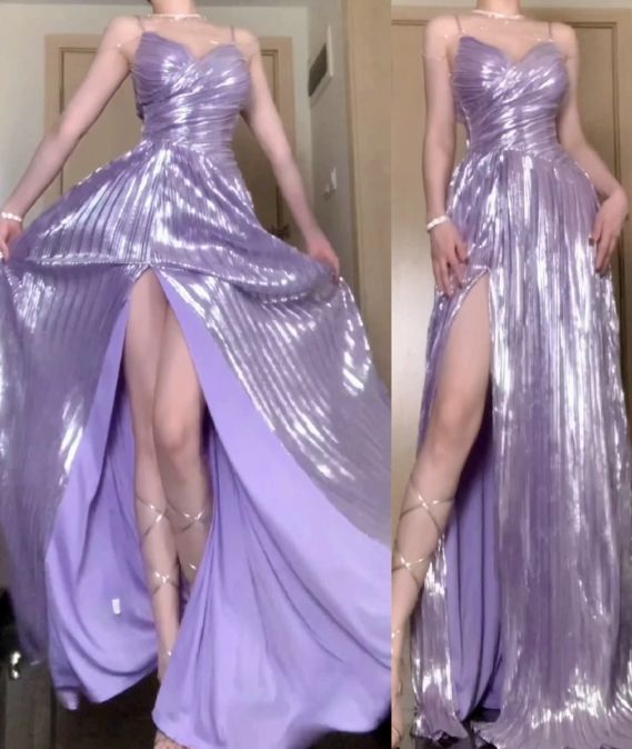 Sparkly Purple A-Line Long Prom Dresses Spaghetti Straps Slit Formal Dress ED03541